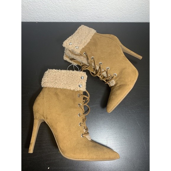 Jessica Simpson Heeled Faux Fur Tan Suede Pirlie‎ Fuzzy Shearling Booties Womens - Picture 1 of 12